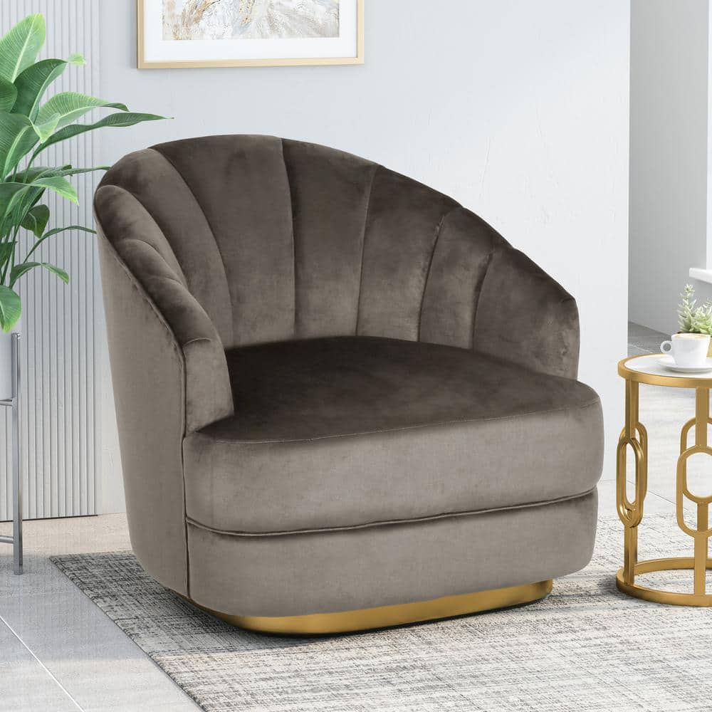 Gray Velvet Upholstered Club Armchair with Solid Wood Frame