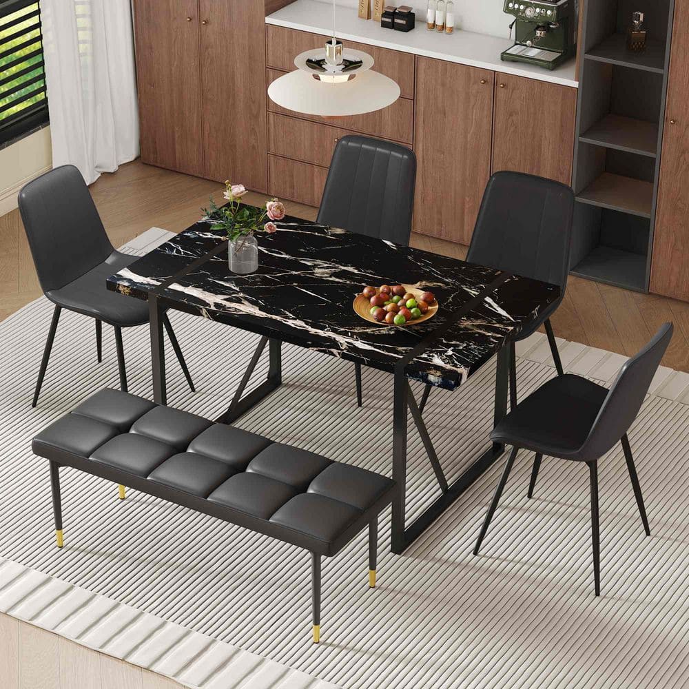 5-Piece Rectangular Black Wood Top Dining Table Set Seats 4 with 4 PU Dining Chairs and 1 Bench