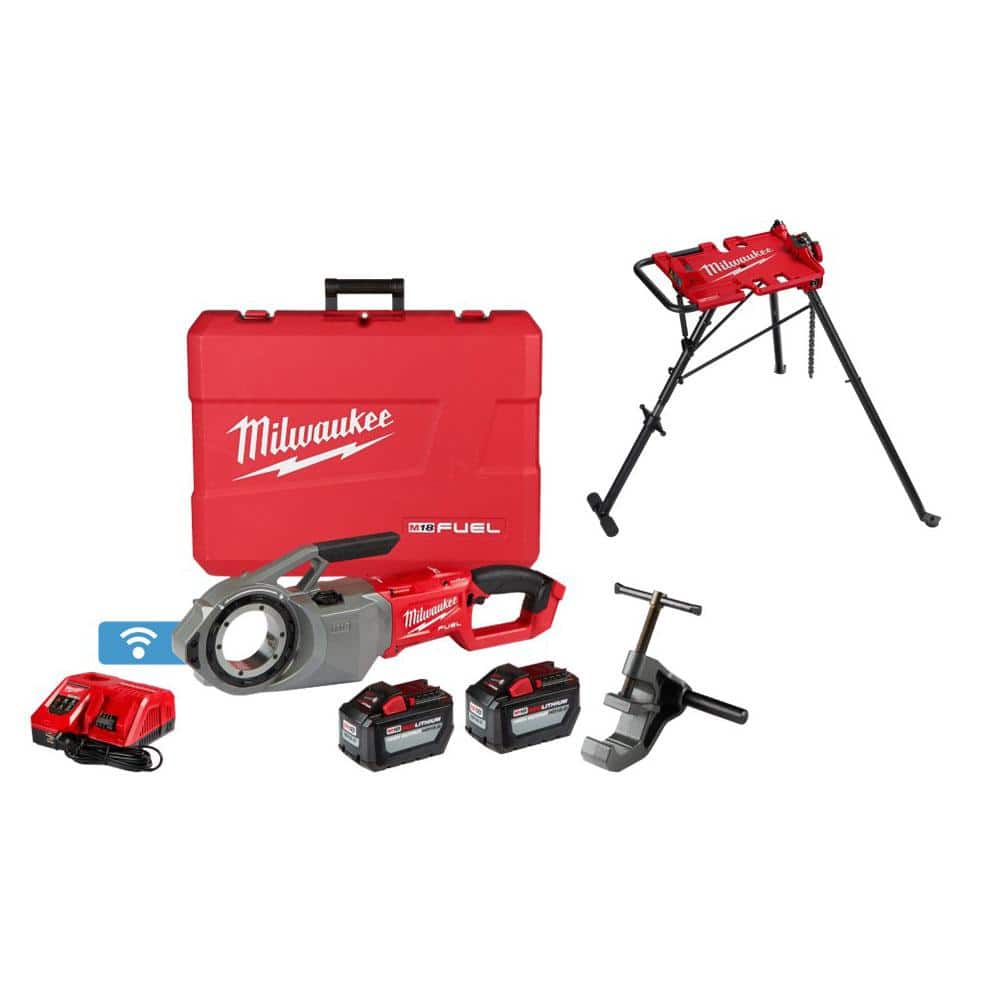 Milwaukee M18 Fuel One-Key Cordless Brushless Pipe Threader Kit with Portable Leveling Tripod Chain Vise Stand -  2874-22HD-8690