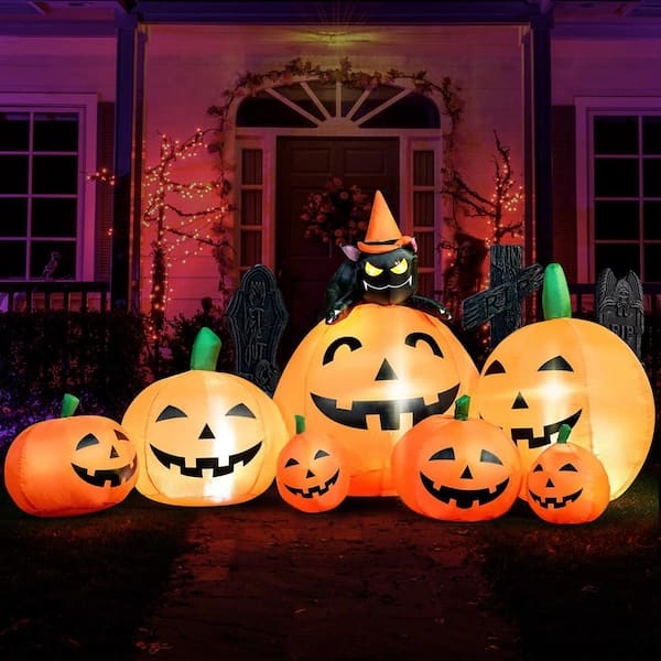 Joyfy Syncfun 7 Ft Long Pumpkin Inflatables with Witch's Cat for Halloween Decor