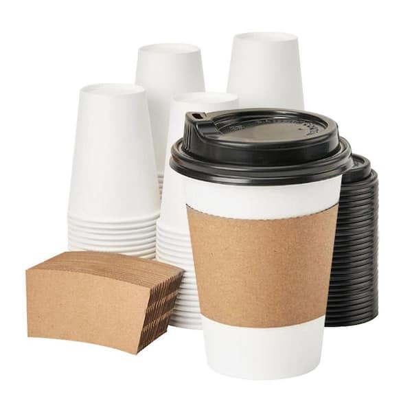 12 oz White Paper Disposable Coffee Cups with Lids and Sleeves Hot Drink To Go Disposable Tableware 100 Pack