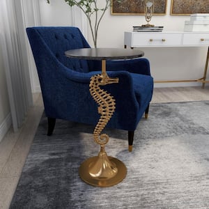 16 in. Gold Sea Horse Large Round Marble End Table with Black Marble Table Top