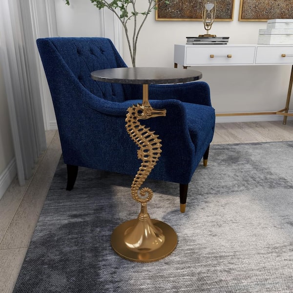 Litton Lane 16 in. Gold Sea Horse Large Round Marble End Table with Black Marble Table Top