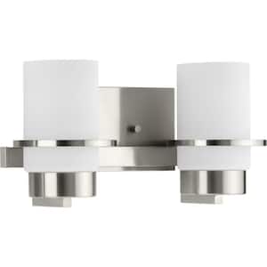 Reiss 13.75 in. 2-Light Brushed Nickel Vanity Light with Etched Glass Shade