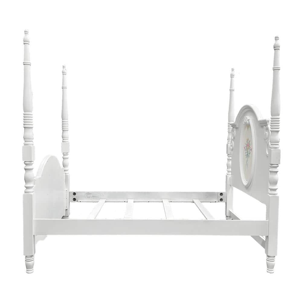 Flora Full White Upholstered Poster Bed with Wood Frame