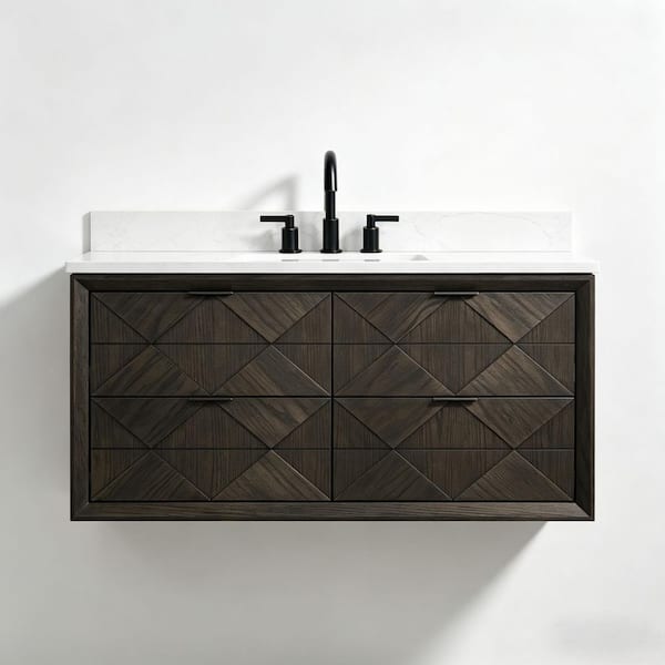 Ziyudura 48 in. Single Sink Floating Walnut Bath Vanity with Black
