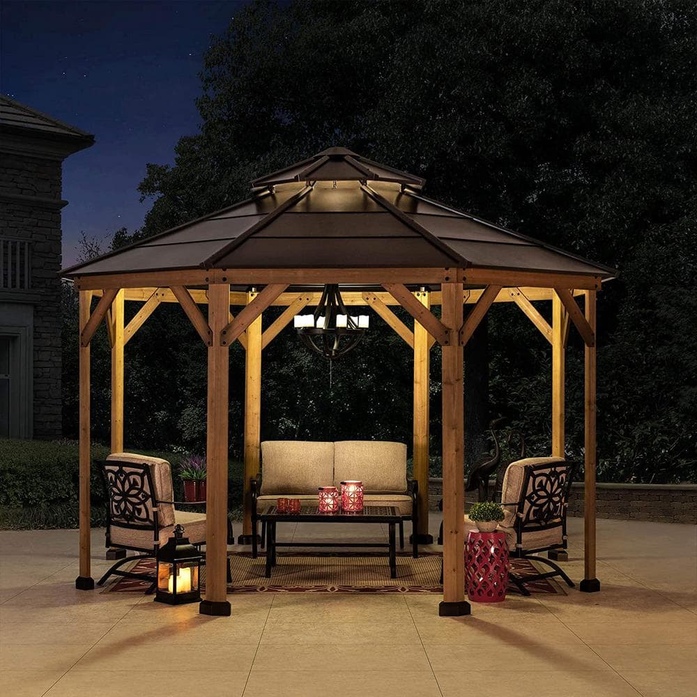 Cedar Framed Octagon Gazebo with Brown Steel Roof and Ceiling Hook