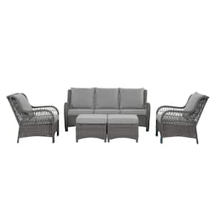Mongue Iron Frame Gray Rattan 5-Piece Wicker Corner Sofa with Detachable Structure, Gray Cushion for Gazebo