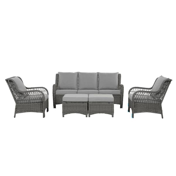 Mondawe Mongue Iron Frame Gray Rattan 5-Piece Wicker Corner Sofa with Detachable Structure, Gray Cushion for Gazebo