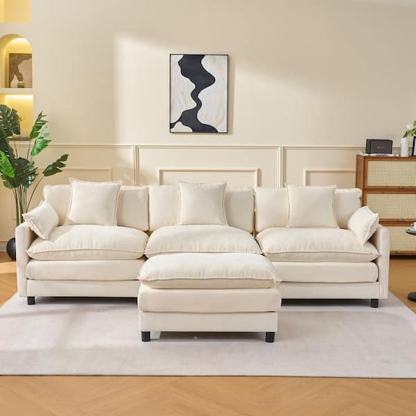 Celvix Modern 107.5 in. Pillow Top Arms Chenille Upholstered L-Shaped Modular Sectional Sofa Couch in Beige with Ottoman