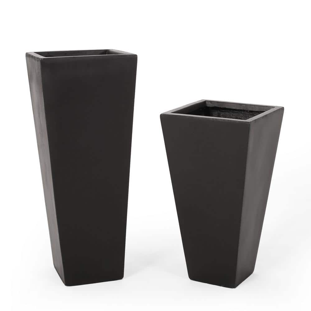 Noble House Ella Large and Small Matte Black Concrete Planter Set (2