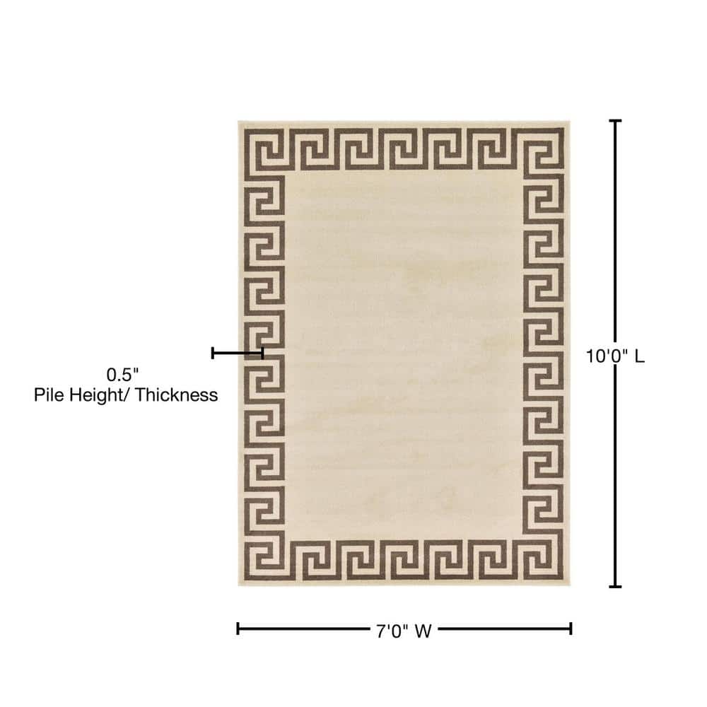 Beige and Brown Geometric Rectangular Synthetic Area Rug, 7x10 ft