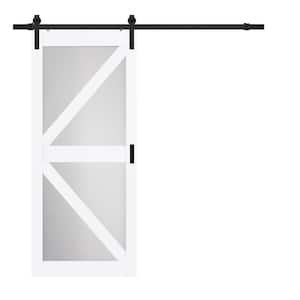 36 in. x 84 in. Bright White MDF Frosted Glass K Design Sliding Barn Door with Rustic Hardware Kit