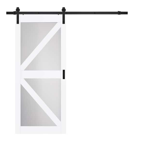 TRUporte 36 in. x 84 in. Bright White MDF Frosted Glass K Design Sliding Barn Door with Rustic Hardware Kit