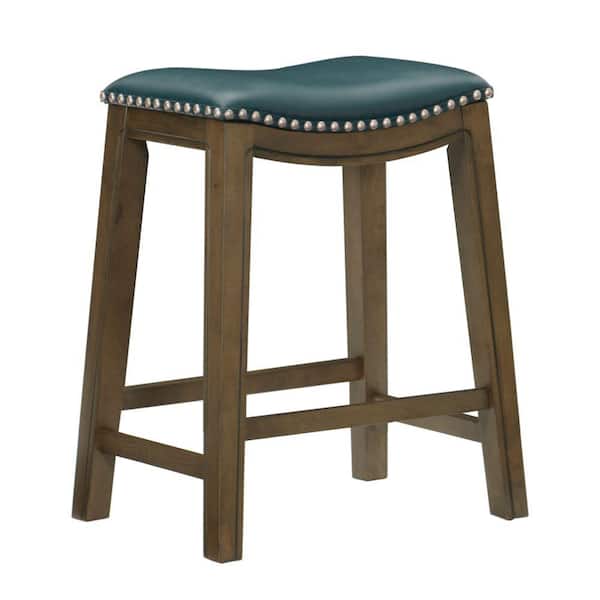 Benjara 25.5 in. Brown and Green Backless Wooden Frame Bar Stool with Leather Seat