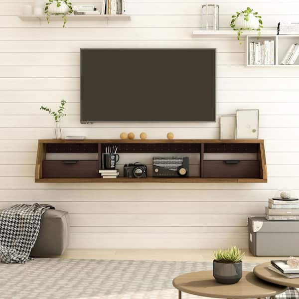Furniture of America DuPour 63 in. Light Hickory Floating TV Stand Fits TV's up to 70 in.