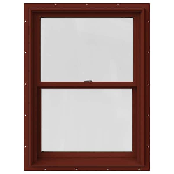 JELD-WEN 33.375 in. x 36 in. W-2500 Series Red Painted Clad Wood Double Hung Window w/ Natural Interior and Screen