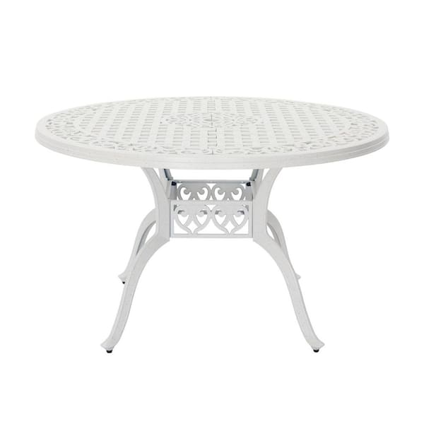 47 in. White Round Cast Aluminum Patio Dining Table with 2 in. Umbrella Hole