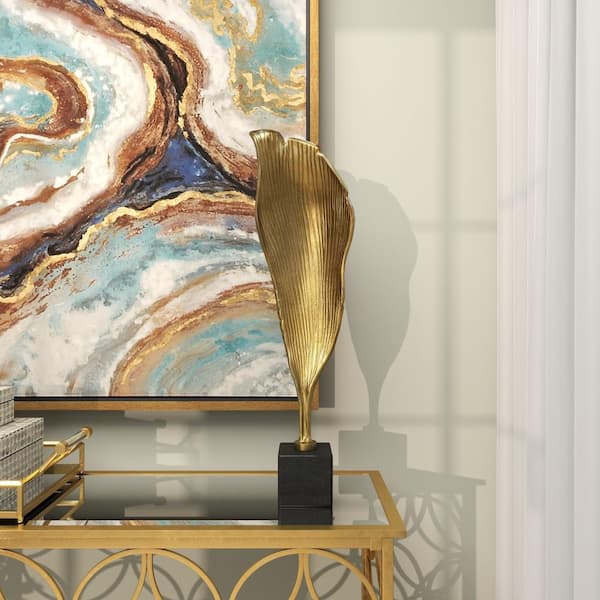 Litton Lane 30 in. Gold Aluminum Textured Leaf Abstract Sculpture with Black Marble Base