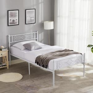 Bed Frame with Headboards, White Heavy Duty Frame, 39 in. W Twin Metal With 6 Support Legs Platform Bed Frame