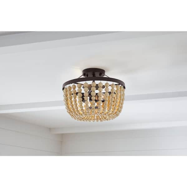 Hampton Bay Cayman 13 in. 2-Light Bronze and Faux Wood Beaded Semi-Flush Mount Ceiling Light Fixture with Beaded Shade