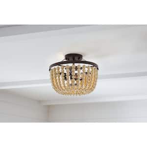 Cayman 13 in. 2-Light Bronze and Faux Wood Beaded Semi-Flush Mount Ceiling Light Fixture with Beaded Shade