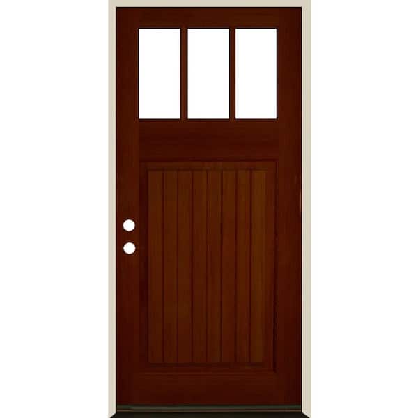 Krosswood Doors 36 in. x 80 in. Craftsman 3 Lite V Groove Red Chestnut Stain Right-Hand/Inswing Douglas Fir Prehung Front Door