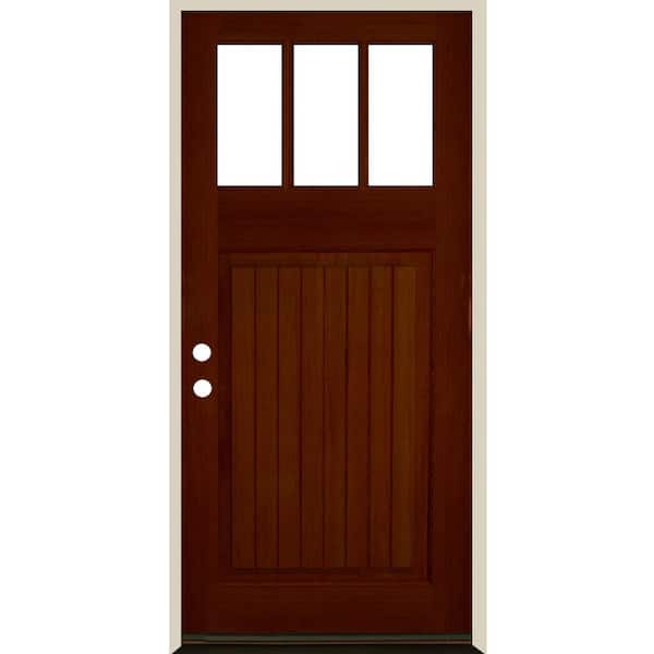 Krosswood Doors 36 in. x 80 in. Craftsman 3 Lite V Groove Red Chestnut Stain Right-Hand/Inswing Hemlock Prehung Front Door