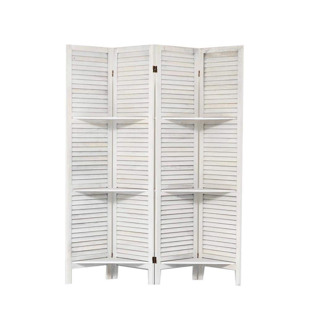 White Wood 5.6 ft Folding Privacy Screen Room Divider with Shelves