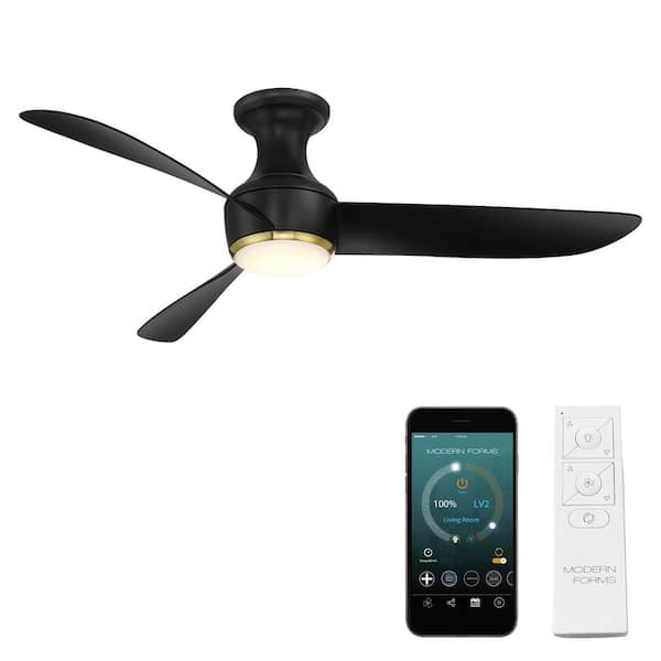 Modern Forms Corona 52 in. Smart Indoor/Outdoor 3-Blade Flush Mount Ceiling Fan in Matte Black Satin Brass Trim 3000K LED and Remote