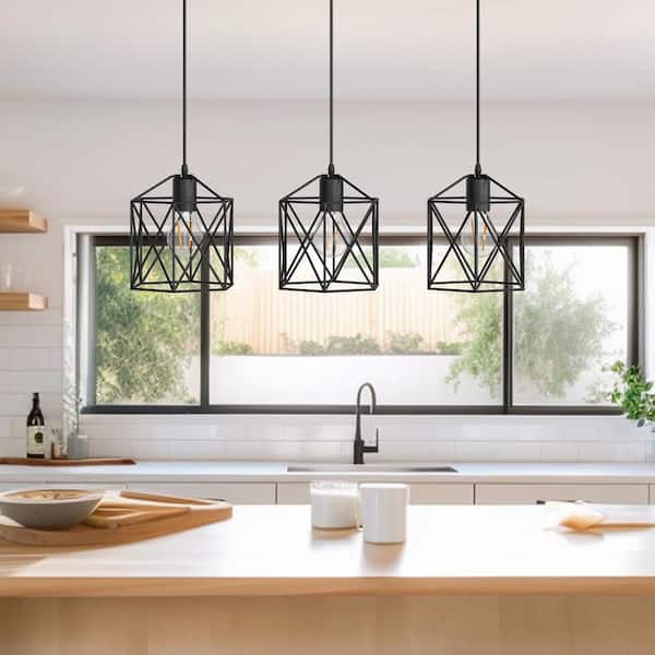 3-light Matte Black Industrial Cluster Chandelier for Kitchen Island with no bulbs included