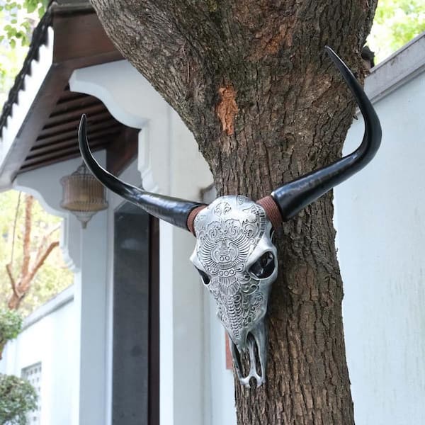 25 in. x 24 in. Silver Metal Work Faux Bull Skull Wall Handing