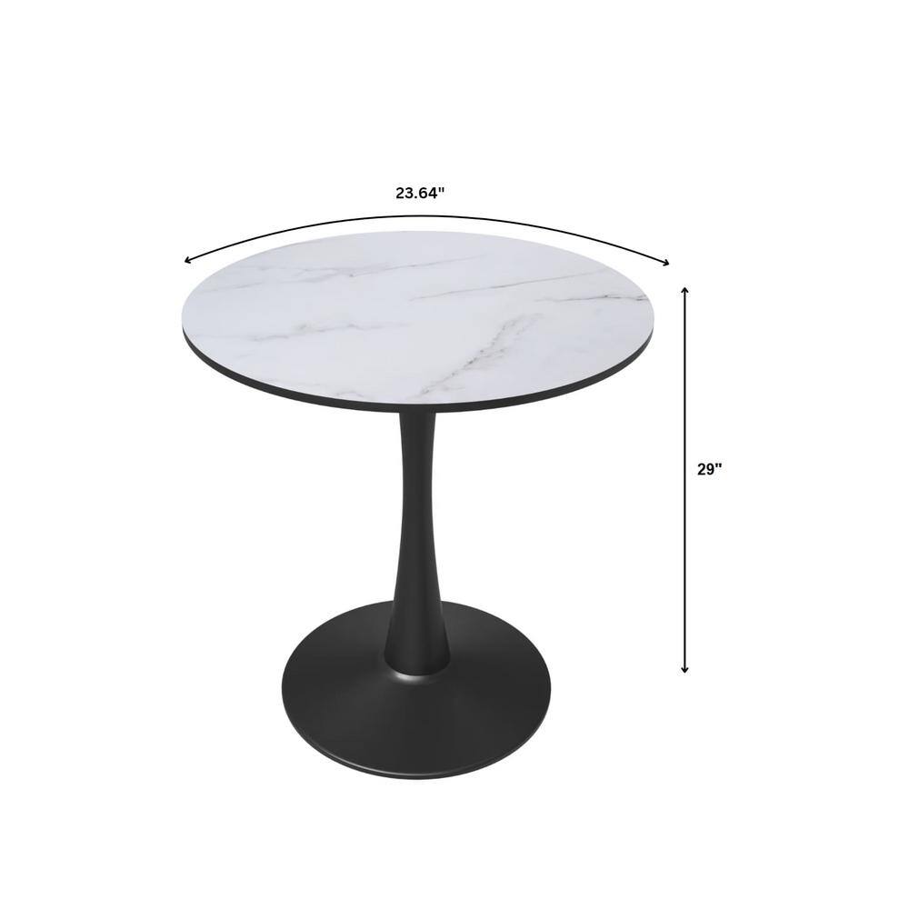 24" Round Marbled White MDF Dining Table with Black Steel Pedestal Base