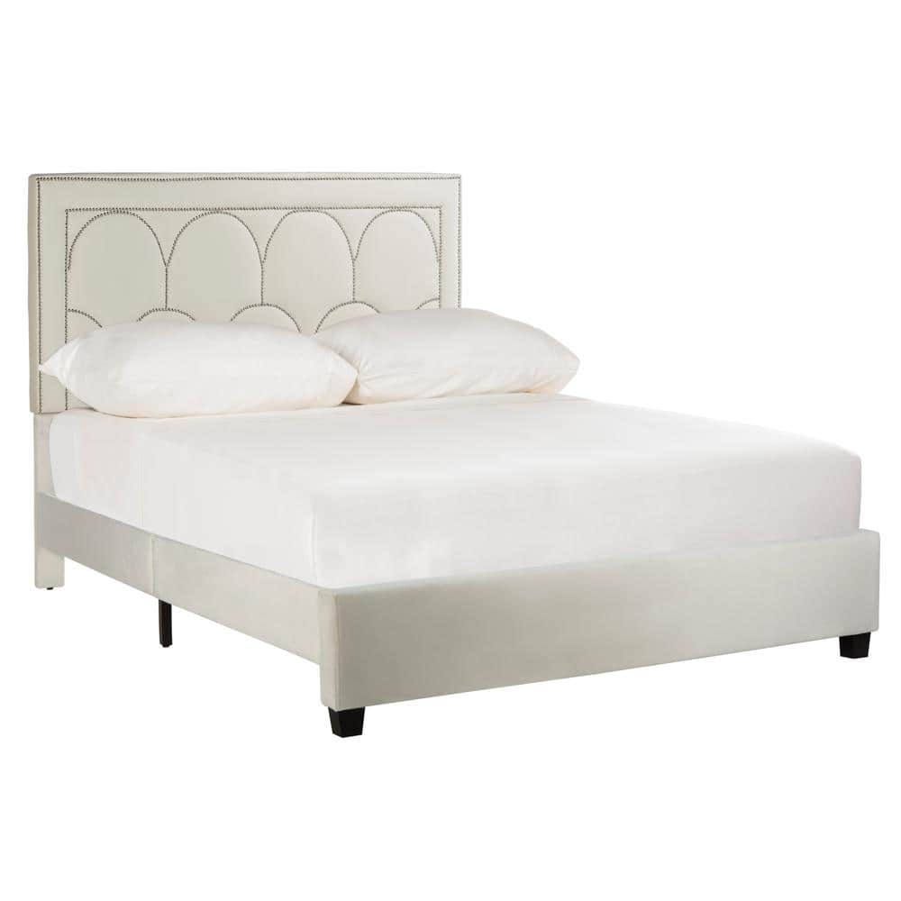 Transitional Queen Platform Bed with Plush Cream Velvet Upholstery