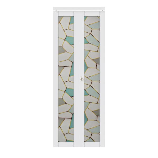 ARK DESIGN 30 in. x 80 in. 1 Lite Frosted Glass Solid Core MDF White Finished Closet Bifold Door with Grid Sticker and Hardware