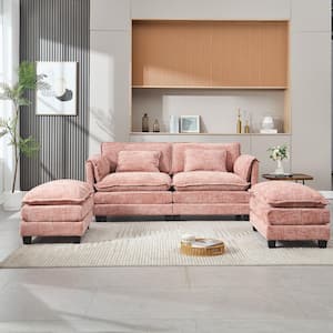 76 in. Straight Arm 4-Piece Modular Chenille 2-Seater Sectional Sofa in. Pink with 2-Ottomans and Side Pockets