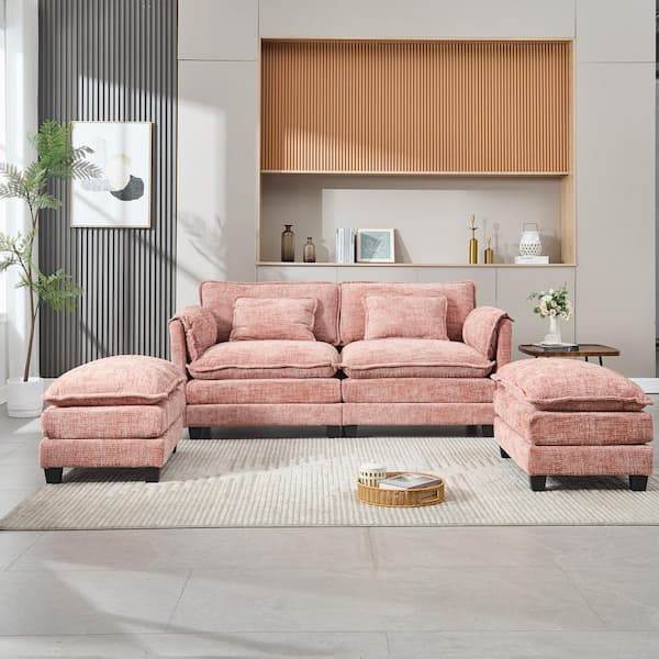 76 in. Straight Arm 4-Piece Modular Chenille 2-Seater Sectional Sofa in. Pink with 2-Ottomans and Side Pockets
