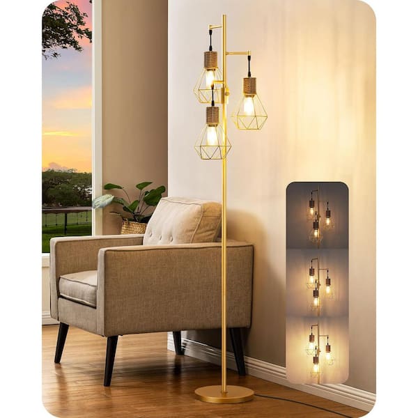 EDISHINE 65 in. Gold 3-Light LED Edison Bulbs Smart Dimmable Tripod Floor Lamp with Diamond-Shaped Cage for Bedroom