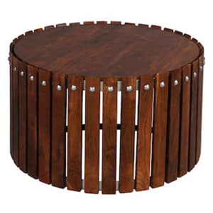 Myla 31 in. Dark Walnut Brown Handcrafted Round Acacia Wood Coffee Table with Vertical Planks and Iron Rivets