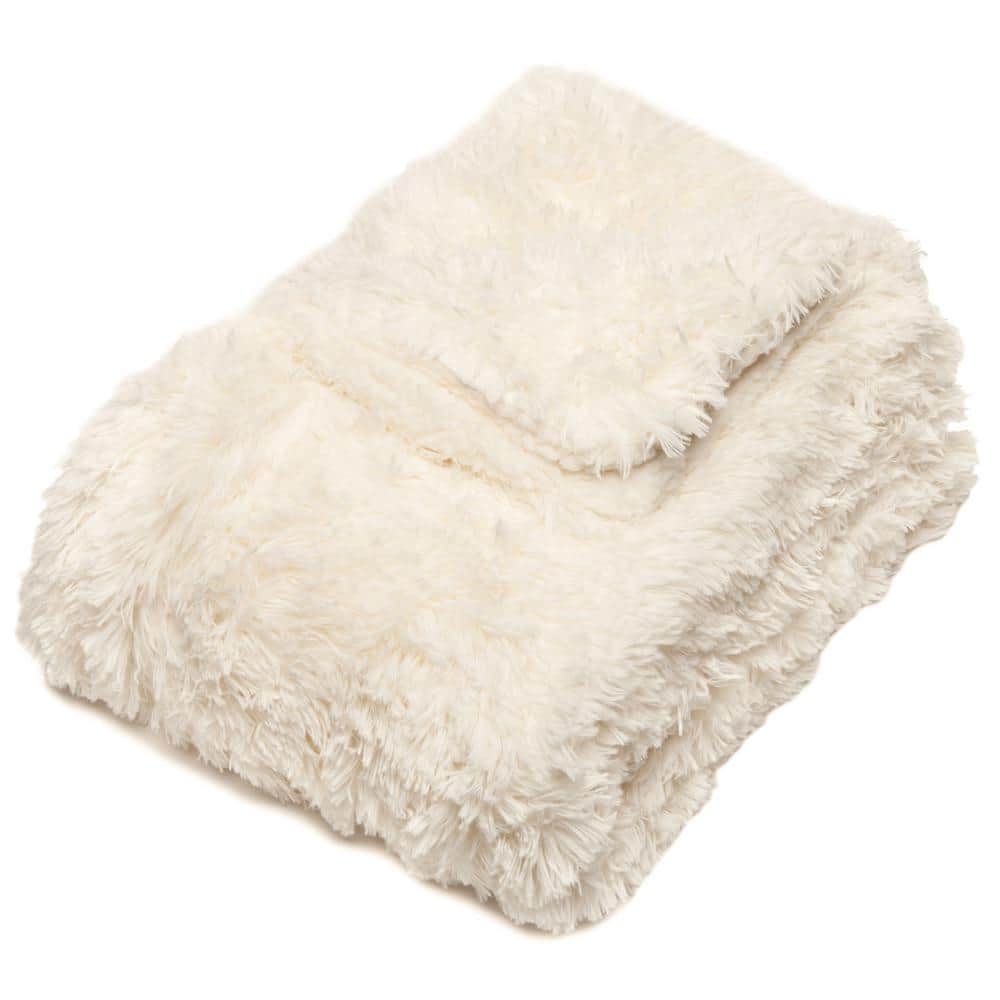 Ivory White Reversible Faux Fur and Sherpa Throw Blanket