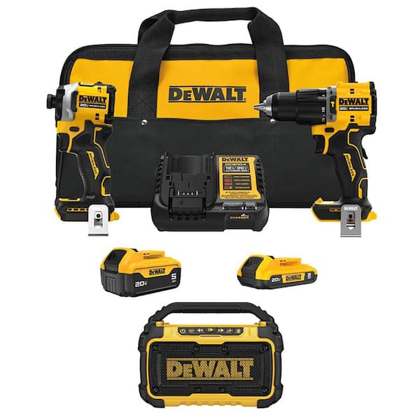 ATOMIC 20V Lithium-Ion Cordless 2-Tool Combo Kit and Cordless Bluetooth Speaker with 5 Ah and 2 Ah Batteries and Charger