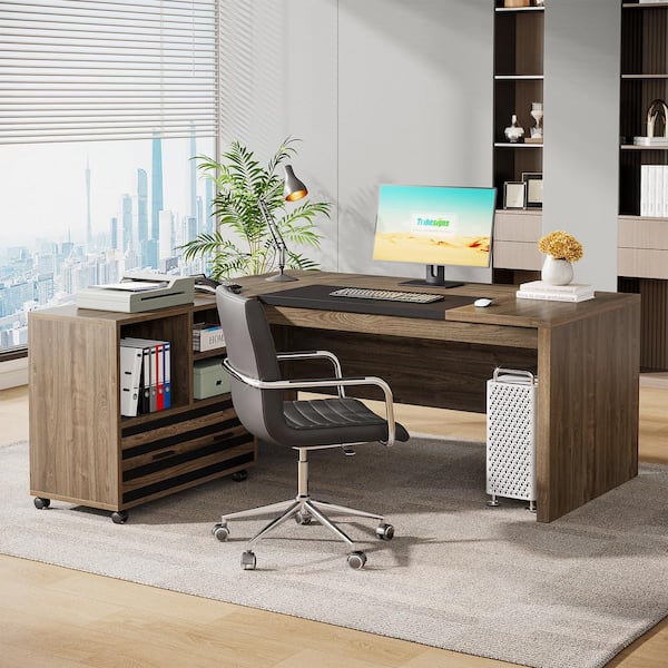 Halseey 62.2 in. x 31.3 in. Executive LShaped Gray Wood Drawer Computer Desk Set Mobile File Cabinet Shelves Workstation
