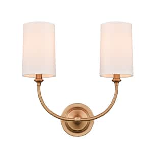Giselle 2-Light Brushed Brass Wall Sconce with Off-White Cotton Fabric Shade