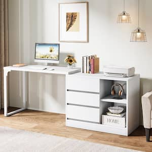 Capen 39.37 in. L-Shaped White Engineered Wood 3-Drawer Computer Desk Rotating Office Desk with Storage Shelves