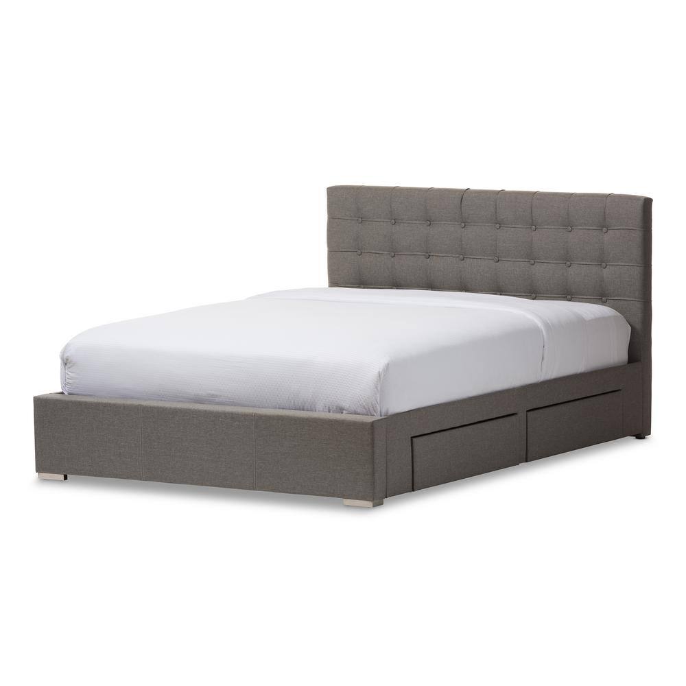 Modern King-Sized Grey Tufted Upholstered Bed with 4-Drawer Storage