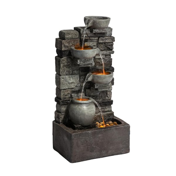 Teamson Home 28.5 in. Gray 4-Tier Polyresin Cascade Water Fountain with LED Lights