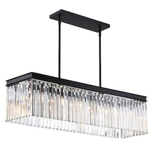 Modern 6-Light Black Rustic Linear Tiered Rectangle Indoor E12 Base Chandelier for Kitchen Island with Crystal Accents