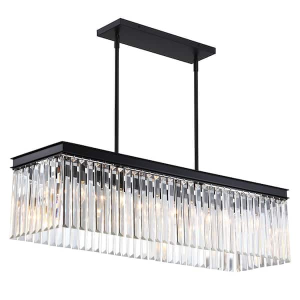 pasentel Modern 6-Light Black Rustic Linear Tiered Rectangle Indoor E12 Base Chandelier for Kitchen Island with Crystal Accents