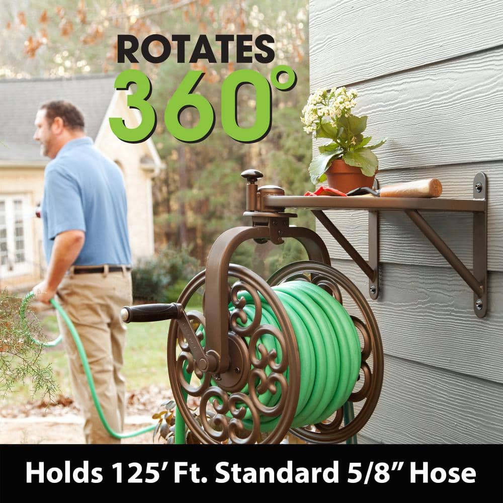 Brown Steel Wall Mount Rotating Hose Reel with Storage Tray
