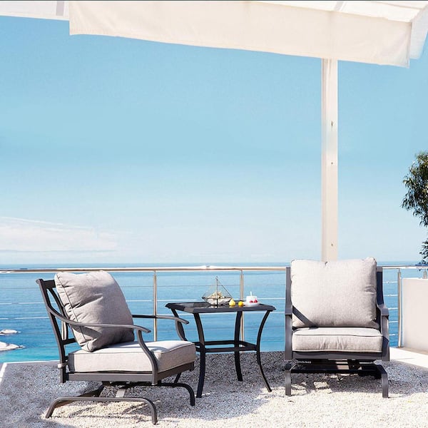3-Piece Powder-Coated Iron Outdoor Patio Conversation Furniture Set with Gray Cushions